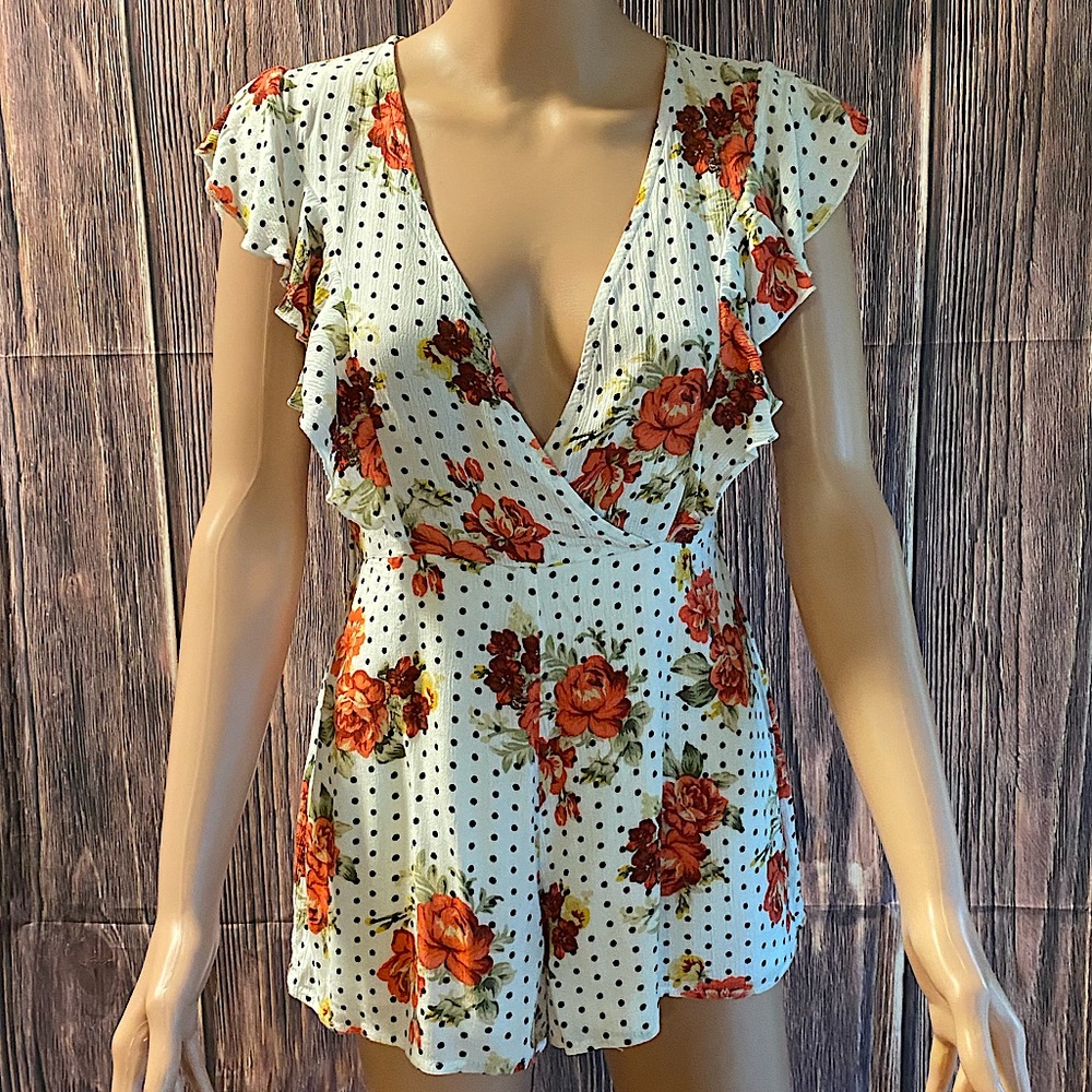 Milk & Honey black & white polka dot romper with red rose pattern size medium